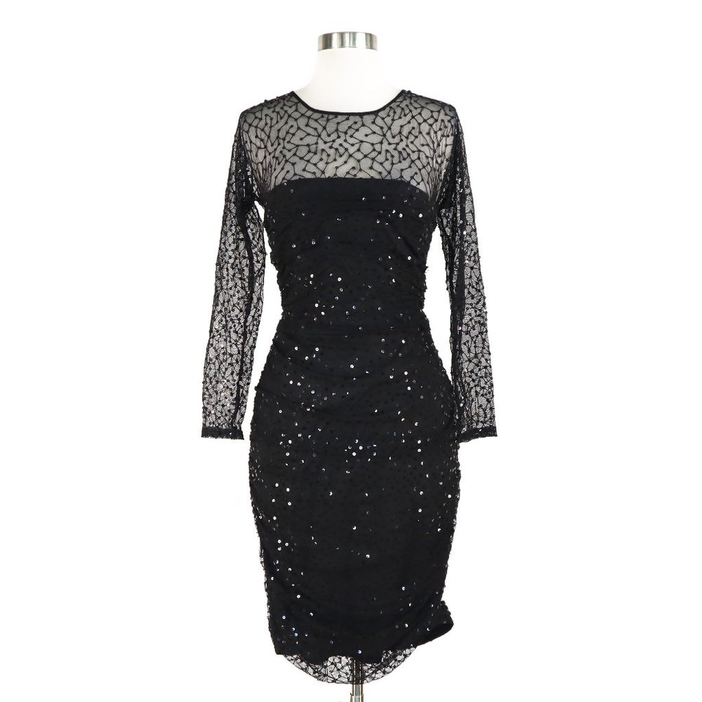 Tadashi Shoji NWOTNEW Black Lace Sequin Ruched Illusion Long Sleeve Dress Size S